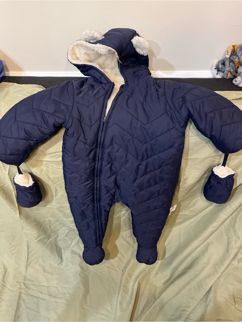 Baby Navy Quilted One-Piece Footie with Hood and Mittens